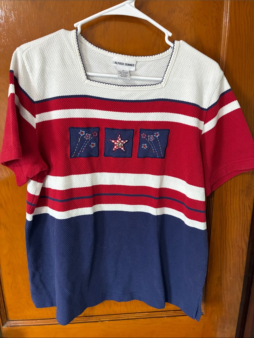 ❤️ 2/$10 - Alfred Dunner Red White & Blue Embroidered Striped Tee